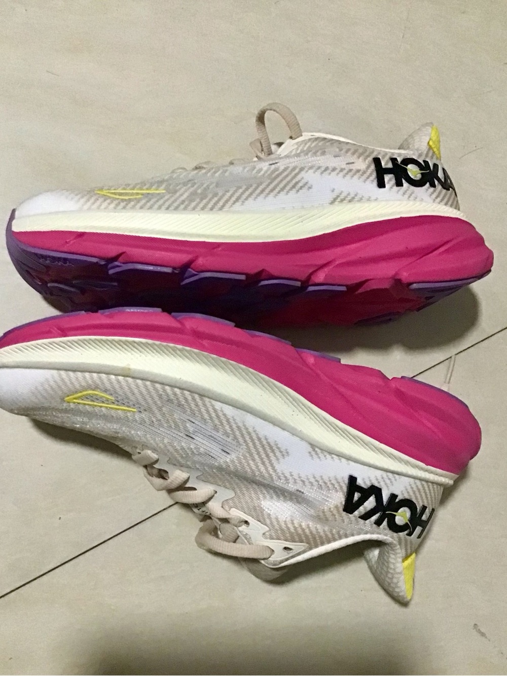 Hoka Women's White, Pink and Yellow Running Shoes